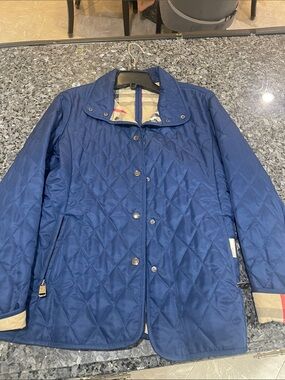 Burberry Navy Quilted Utility Jacket with Check Trim